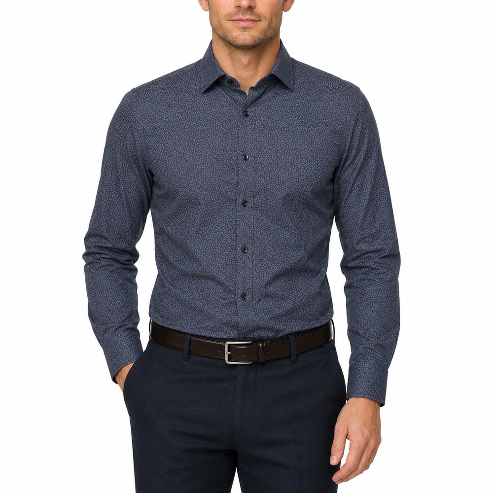 Charles Tyrwhitt Shirt Mens L Weekend Slim Fit Navy Blue Geometric Print Cotton